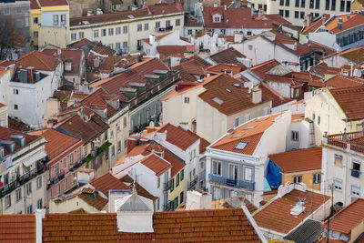 High angle view of houses in city