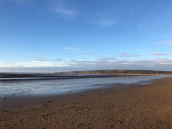 Scenic view of beach against blue sky