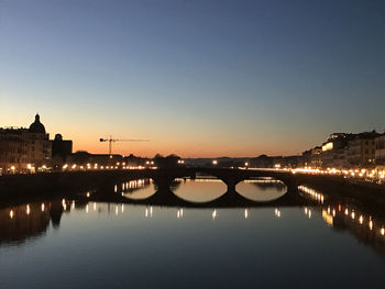 Illuminated bridge over river against sky in city during sunset