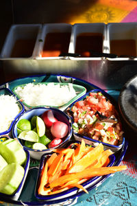 High angle view of meal served on table