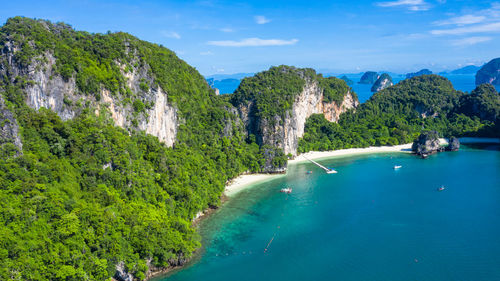 Scenic view of sea and mountains against sky