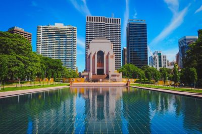 Reflection of buildings in swimming pool