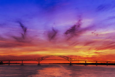 Silhouette bridge over river against cloudy sky during sunset