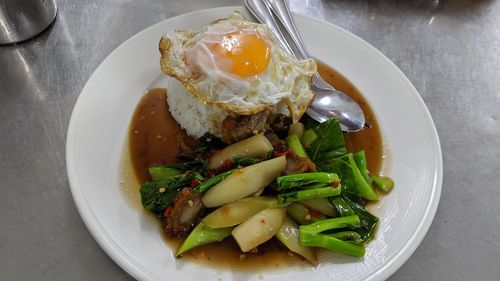 High angle view of breakfast served on table