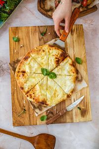 High angle view of pizza on table