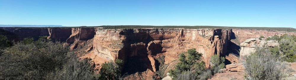 Panoramic view of rock formations against clear blue sky