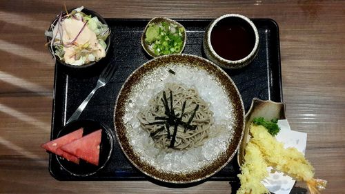 High angle view of bread in plate on table