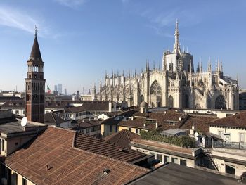 Panoramic view of buildings in city against sky