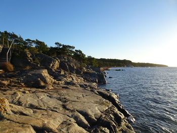 Scenic view of sea against clear blue sky