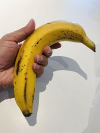 Cropped image of person holding apple against white background