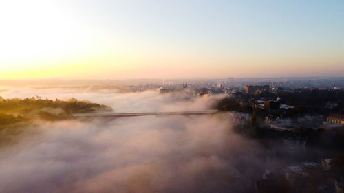 Drone flight above a valley in luxembourg-city suring sunrise