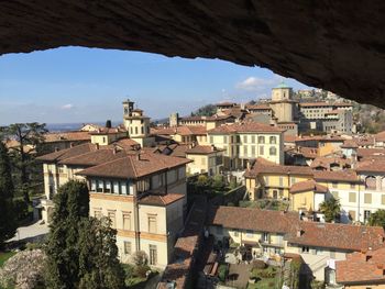 Cityscape seen through old window
