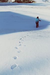 Rear view of man walking on snow