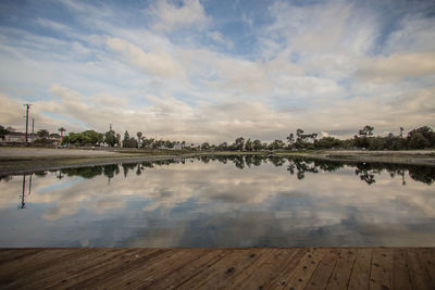 Scenic view of lake against cloudy sky