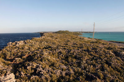 Scenic view of bay against clear sky