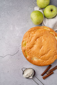 Traditional charlotte apple pie charlotte on concrete table with fresh apple and cinnamon , 