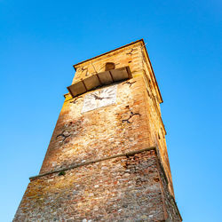 Low angle view of old building against clear blue sky