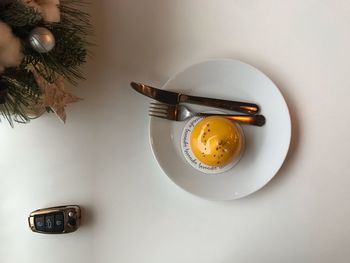 High angle view of breakfast on table