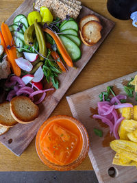 High angle view of chopped vegetables on cutting board