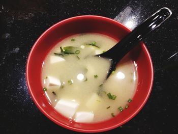 High angle view of soup in bowl