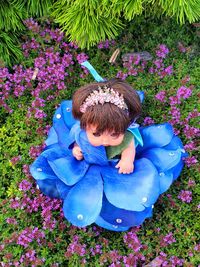 High angle view of child on purple flowering plants