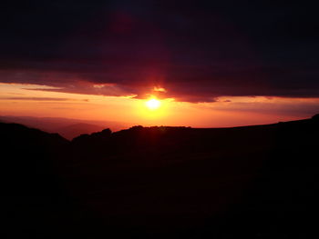 Scenic view of silhouette mountain against sky during sunset