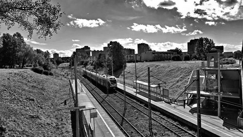 High angle view of train against sky