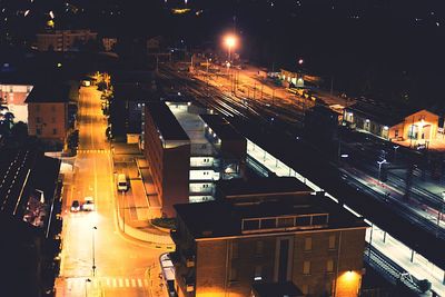 High angle view of cityscape at night