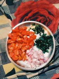 High angle view of chopped vegetables in bowl