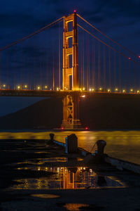 Illuminated suspension bridge at night