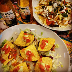 High angle view of food served on table