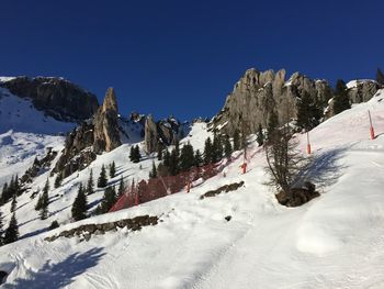 Panoramic view of snowcapped mountains against clear blue sky