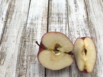 High angle view of fruits on wooden table