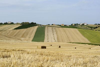 Hay bales on field against sky