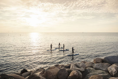 High angle view of men and women rowing paddleboard in sea during sunset