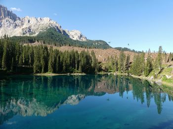 Scenic view of lake and mountains against clear blue sky