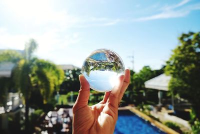 Midsection of person holding crystal ball against trees