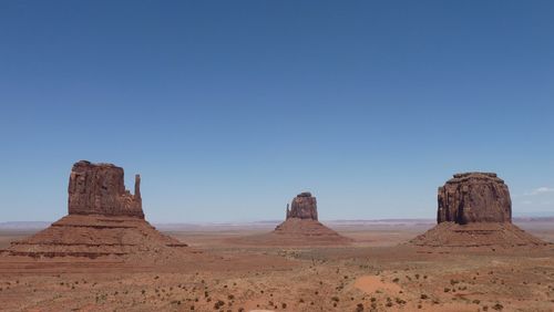 Scenic view of monument valley against clear blue sky
