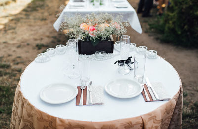 High angle view of tea served on table