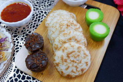 High angle view of breakfast served on table