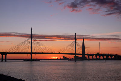 View of suspension bridge over river during sunset