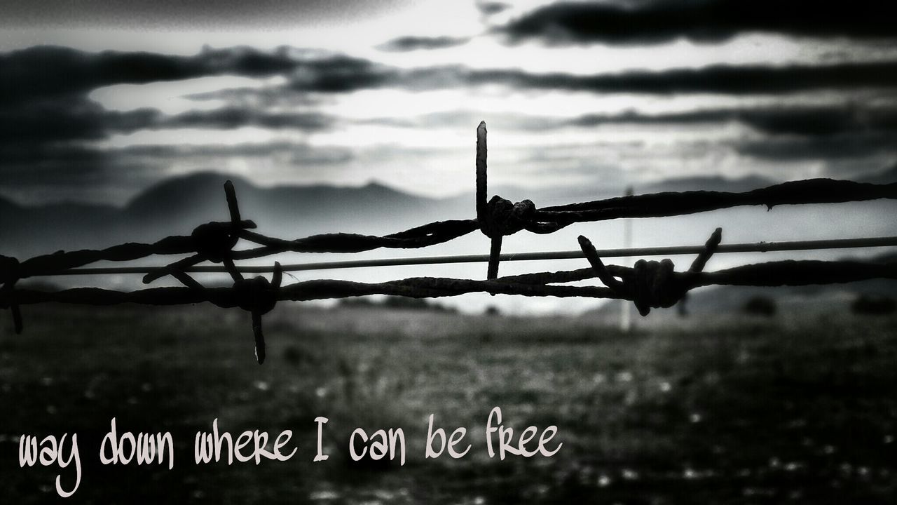 fence, safety, protection, focus on foreground, barbed wire, security, metal, sky, close-up, field, landscape, nature, tranquility, forbidden, outdoors, no people, chainlink fence, day, rusty, wood - material