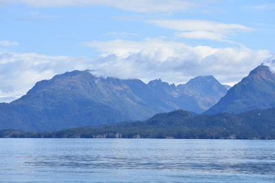Scenic view of sea and mountains against sky