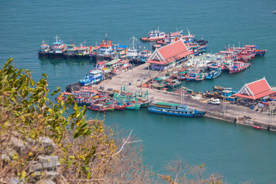 High angle view of ship moored at harbor