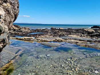 Scenic view of sea against clear blue sky