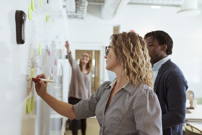 Businesswomen writing on whiteboard while working in board room