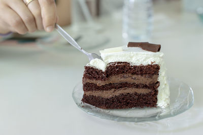 Hand holding chocolate cake in plate