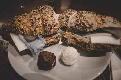 High angle view of chocolate cake in plate
