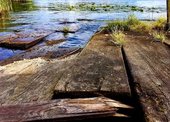 Close-up of wood by lake