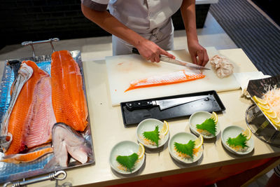 High angle view of sushi served on table